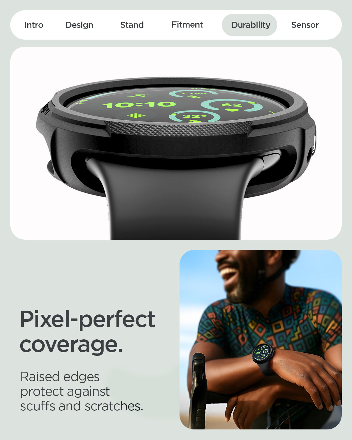 ACS11222 - Pixel Watch 5 (45mm) Liquid Air Matte Black showing the pixel perfect coverage. Raised edges protect against scuffs and scratches