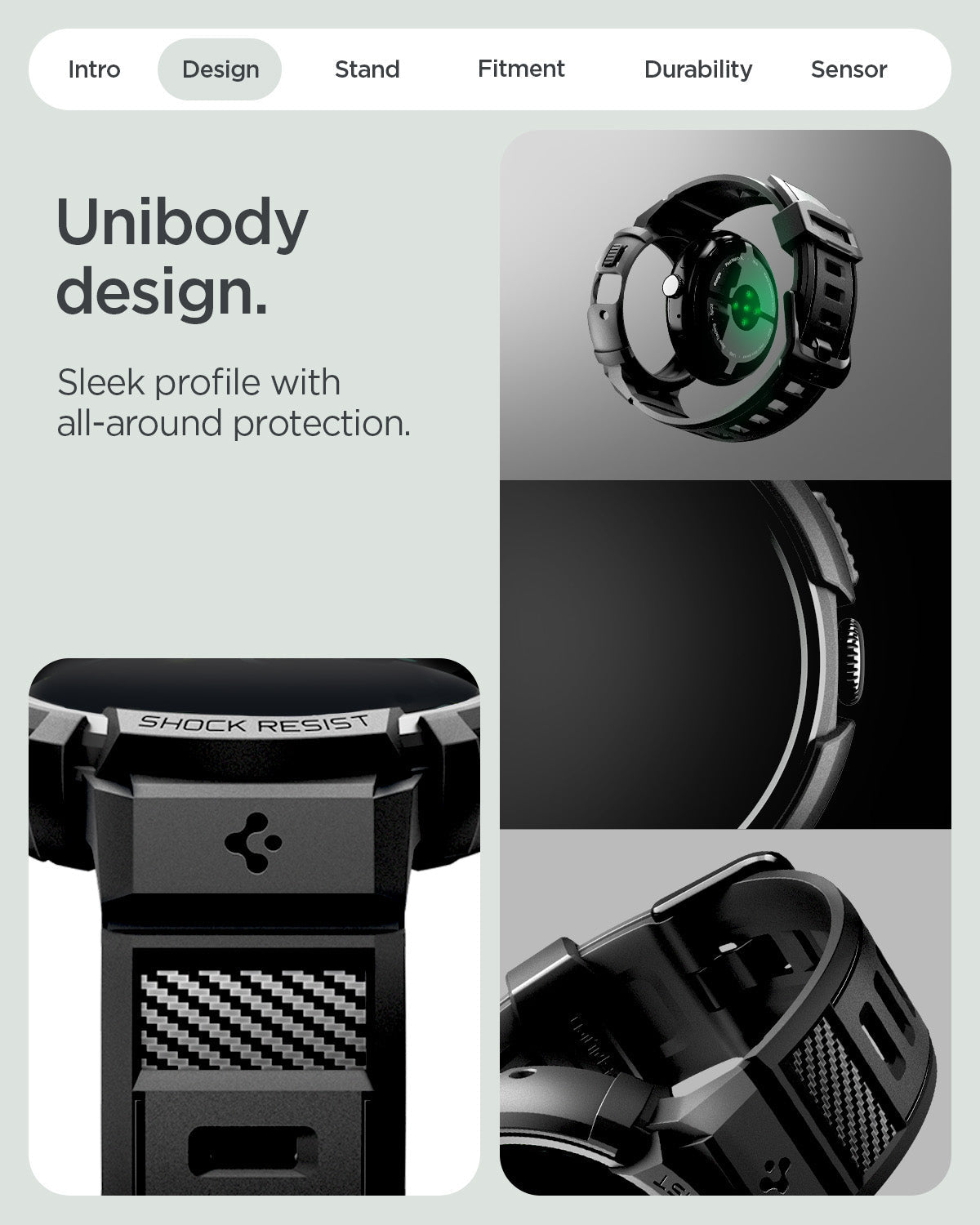ACS11223 - Pixel Watch 5 (45mm) Rugged Armor Pro Black showing the unibody design. Sleek profile with all around protection