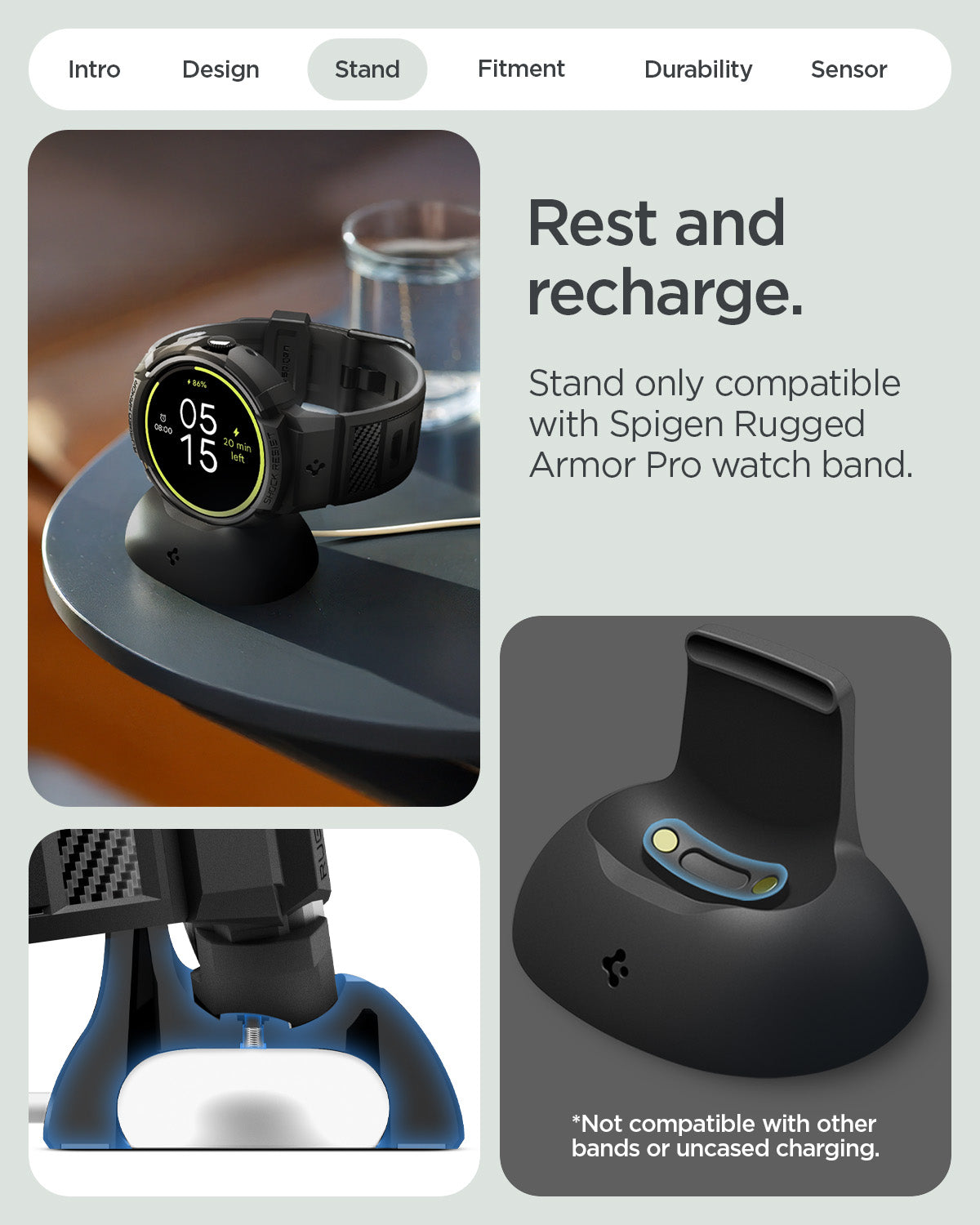 ACS11223 - Pixel Watch 5 (45mm) Rugged Armor Pro Black showing the rest and recharge. Stand only compatible with Spigen rugged armor pro watch band. Not compatible with other bands or uncased charging