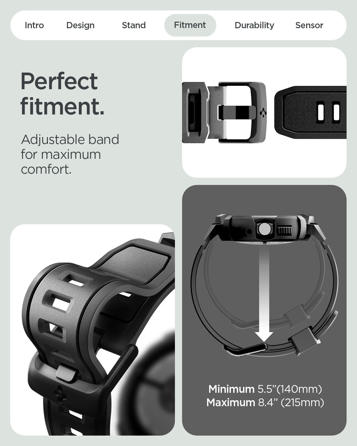 ACS11223 - Pixel Watch 5 (45mm) Rugged Armor Pro Black showing the perfect fitment. Adjustable band for maximum comfort