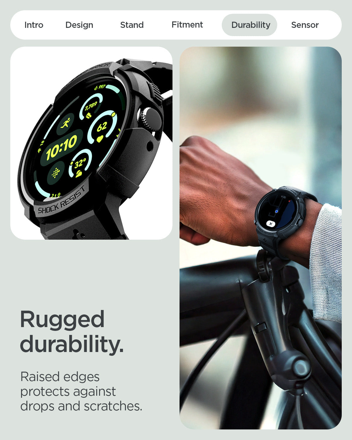 ACS11223 - Pixel Watch 5 (45mm) Rugged Armor Pro Black showing the rugged durability. Raised edges protects against drops and scratches