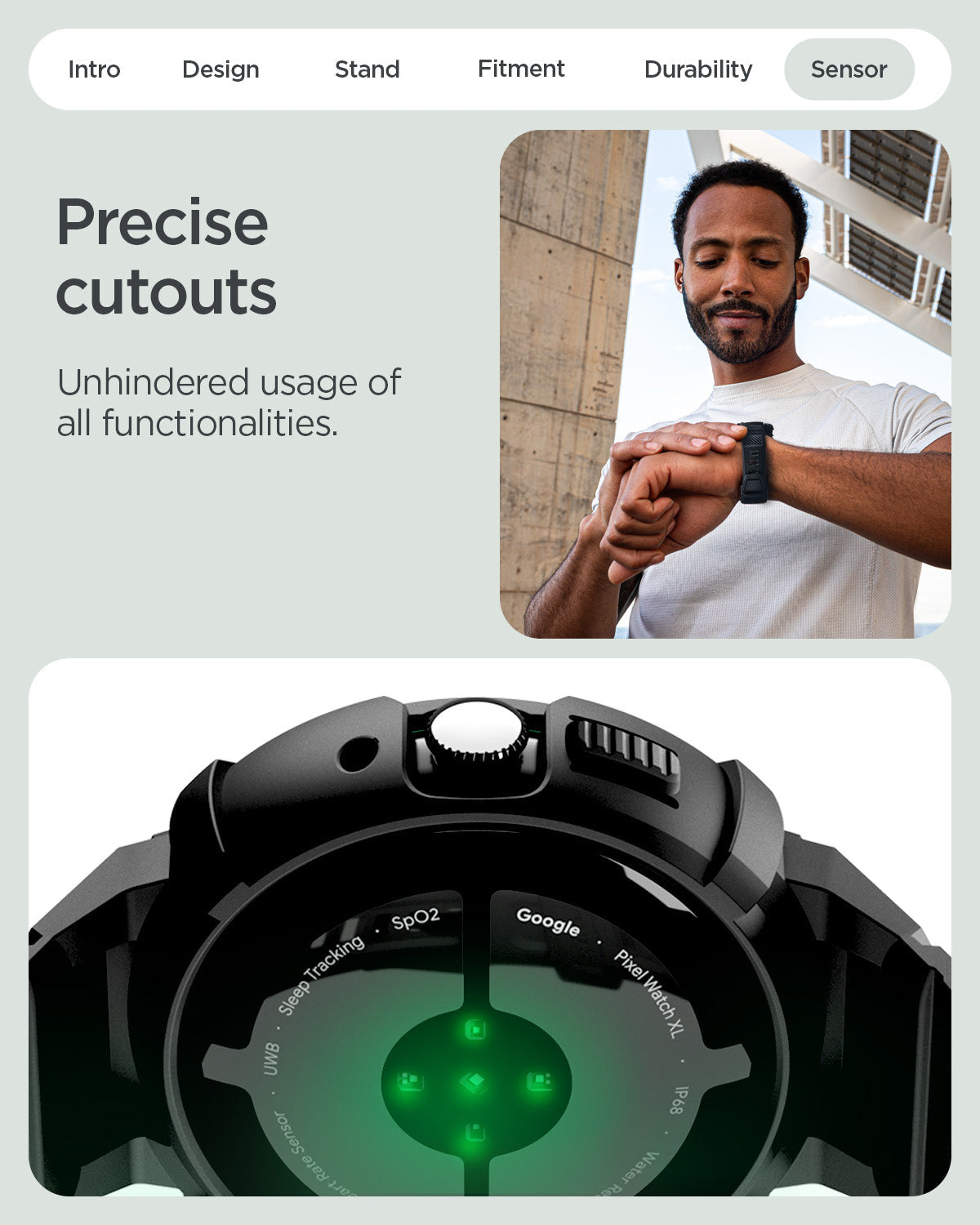 ACS11223 - Pixel Watch 5 (45mm) Rugged Armor Pro Black showing the precise cutouts. Unhindered use of all functionalities