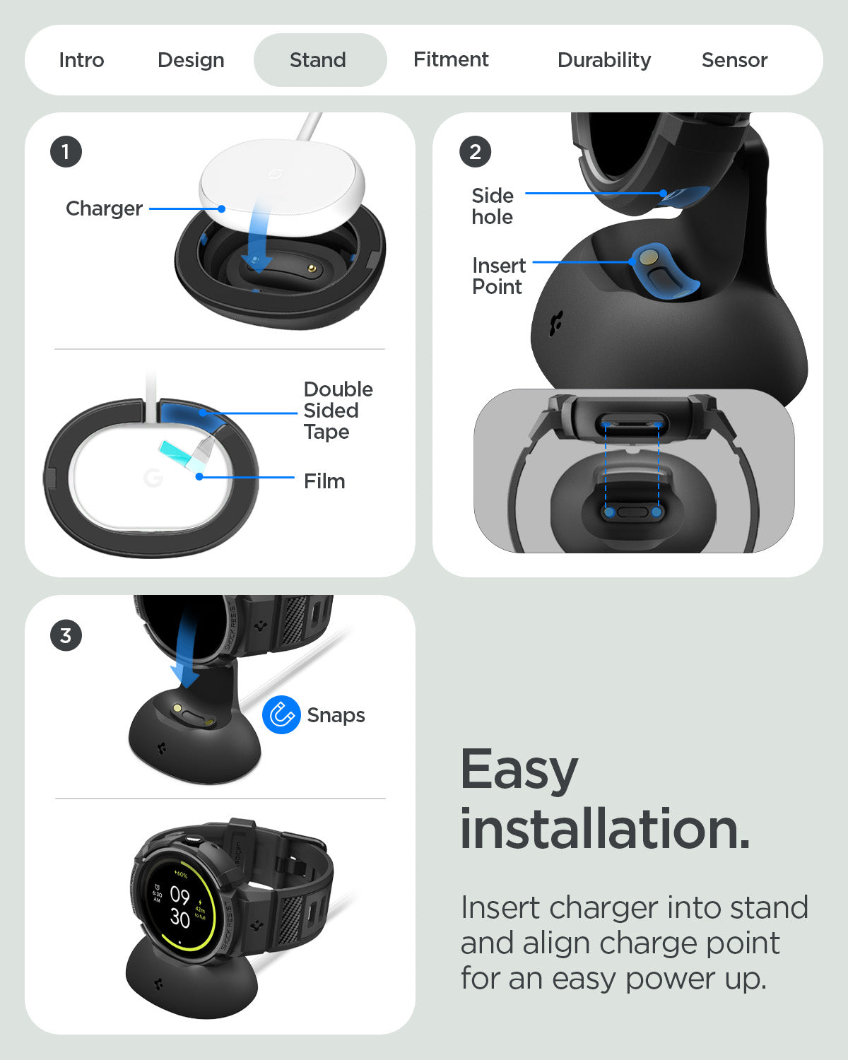 ACS11223 - Pixel Watch 5 (45mm) Rugged Armor Pro Black showing easy installation. insert charger into stand and align charge point for an easy power up