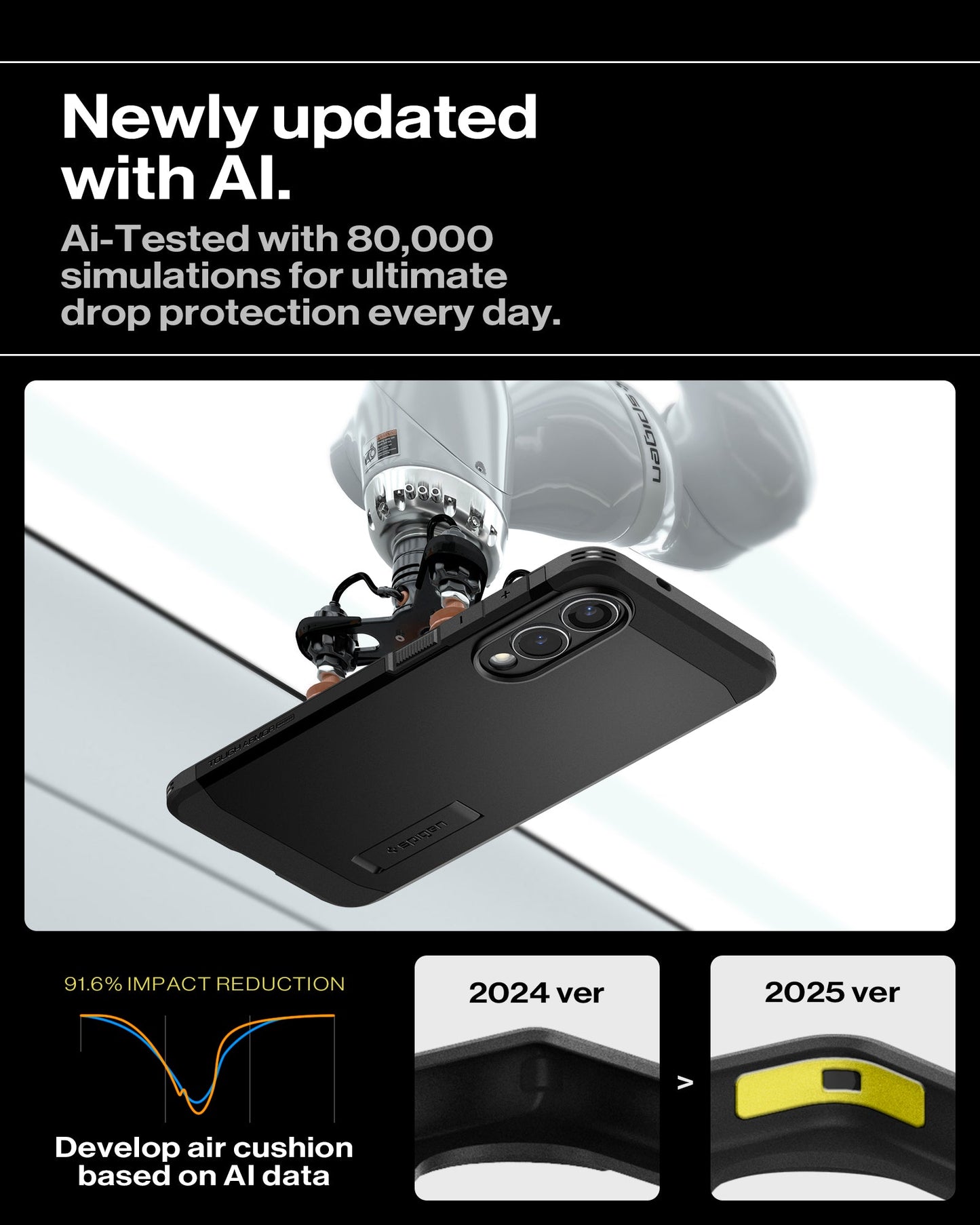 ACS09422 - Galaxy S25 Edge Case Tough Armor AI (MagFit) in Black showing the newly updated with AI. Ai-Tested with 80,000 simulations for ultimate drop protection every day