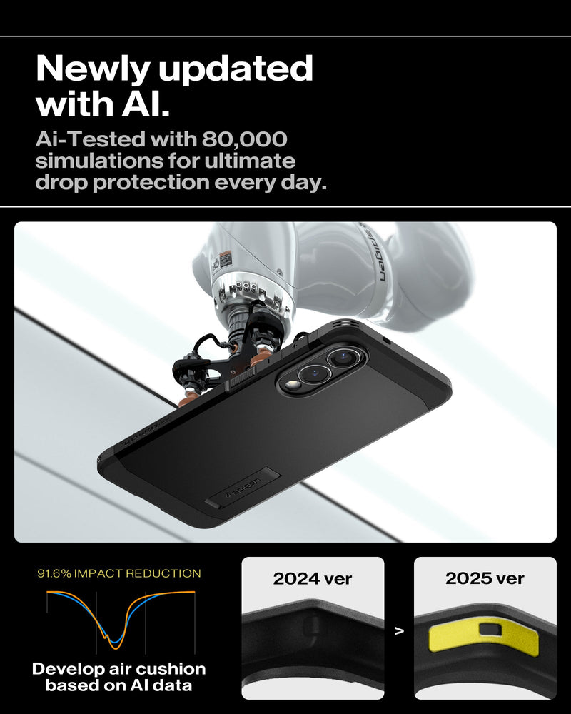 ACS09422 - Galaxy S25 Edge Case Tough Armor AI (MagFit) in Black showing the newly updated with AI. Ai-Tested with 80,000 simulations for ultimate drop protection every day