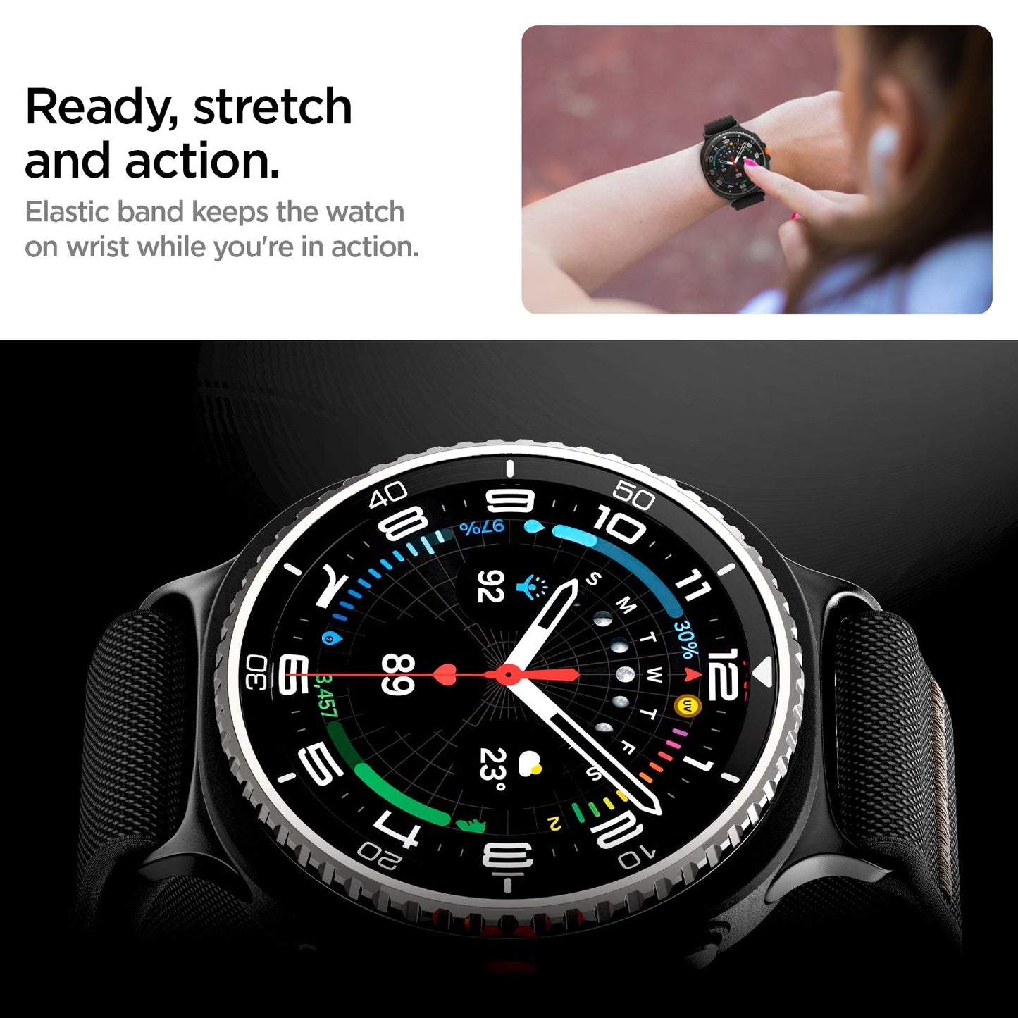 AMP10117 - Galaxy Watch 9 Series Lite Fit Band showing ready, stretch and action. Elastic band keeps the watch on wrist while you're in action