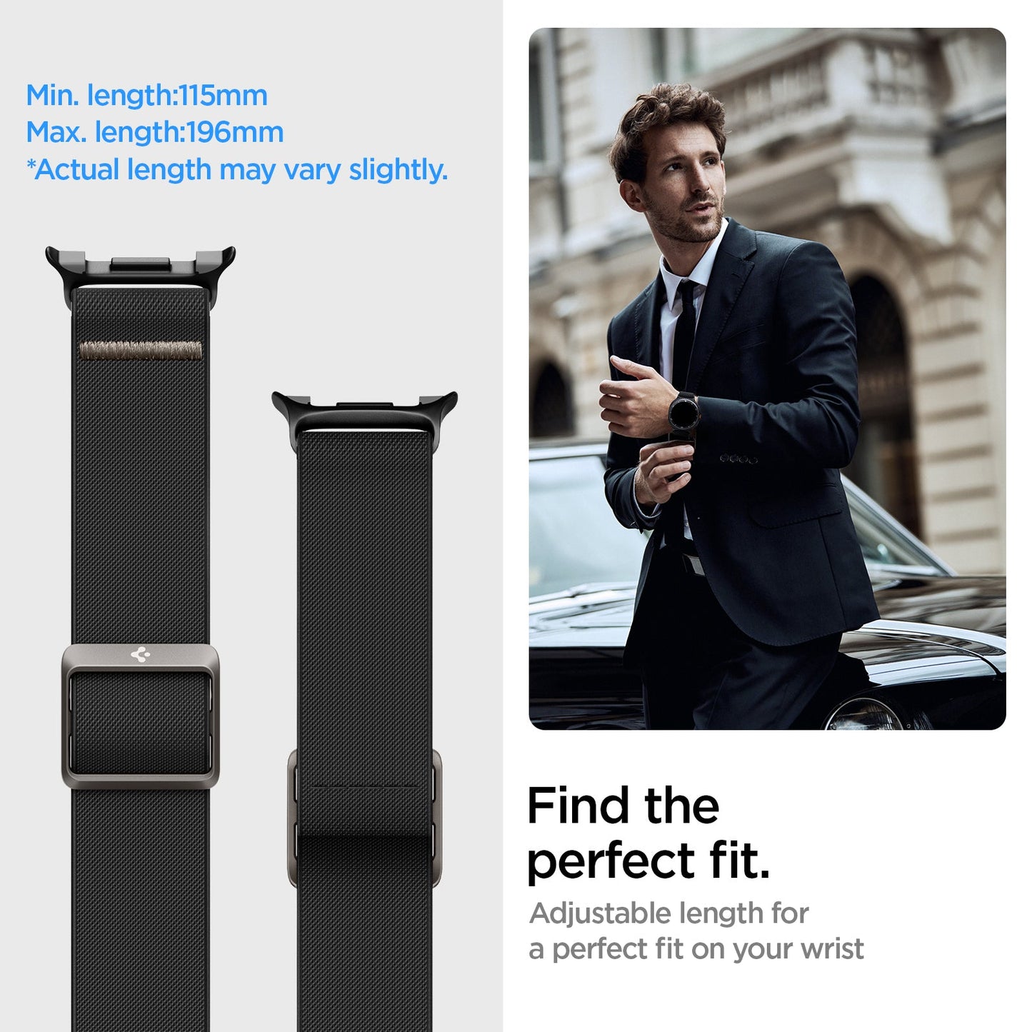 AMP10117 - Galaxy Watch 9 Series Lite Fit Band showing find the perfect fit. Adjustable length for a perfect fit on your wrist.