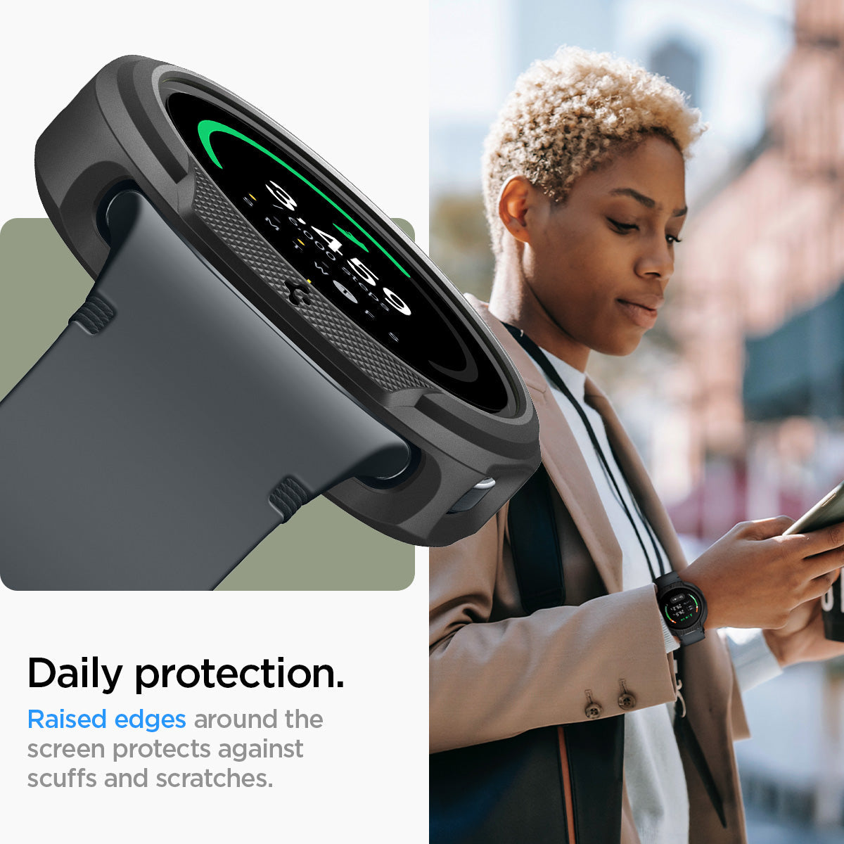 ACS09840 - Galaxy Watch 9 (44mm) Liquid Air showing raised edge protection detail with lifestyle shot of woman wearing the cased watch outdoors