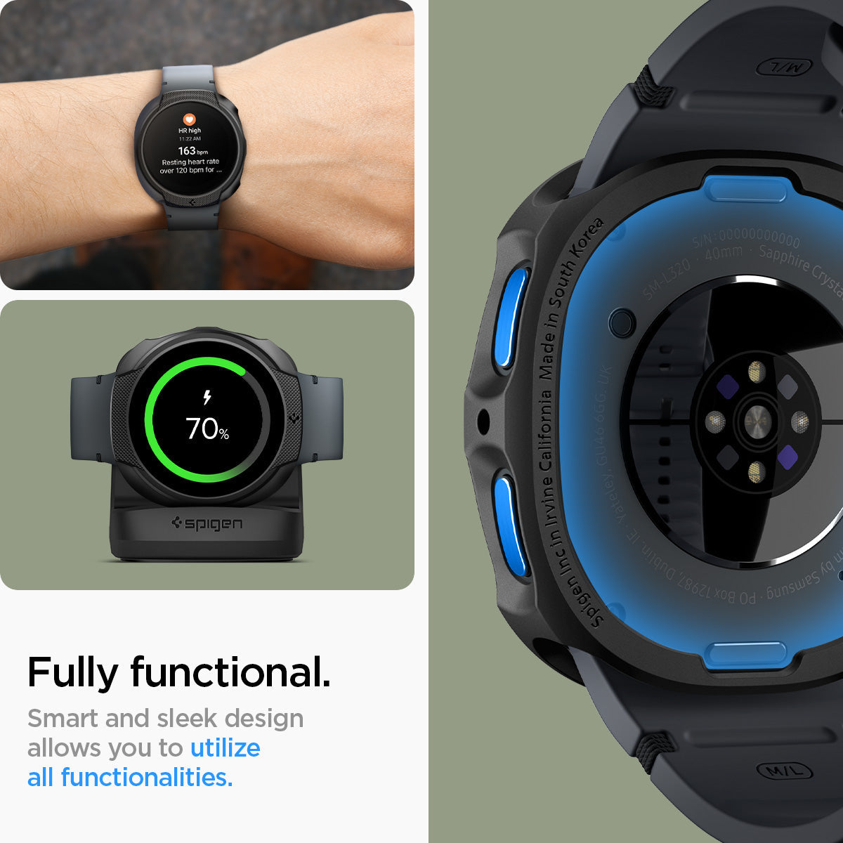 ACS09840 - Galaxy Watch 9 (44mm) Liquid Air showing fully functional button and sensor access with wrist shot and charging dock compatibility