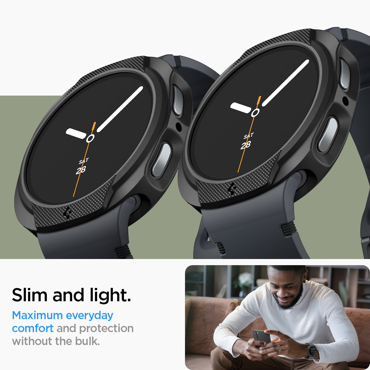 ACS09840 - Galaxy Watch 9 (44mm) Liquid Air showing slim profile from two angles with lifestyle shot of man wearing the cased watch