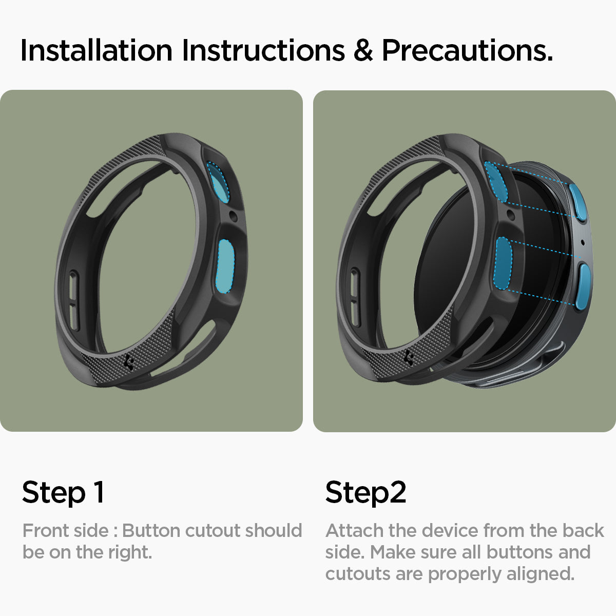 ACS09840 - Galaxy Watch 9 (44mm) Liquid Air showing two-step installation instructions with front and back alignment guides