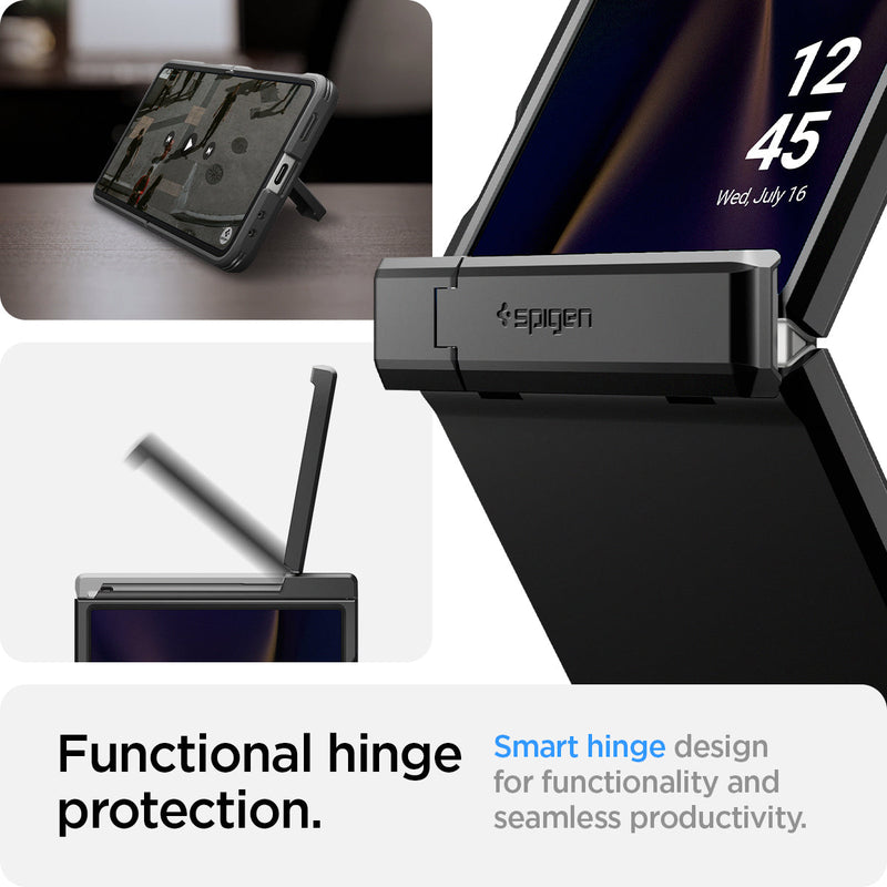 ACS09561 - Galaxy Z Flip 7 Case Tough Armor Pro (MagFit) in black showing the functional hinge protection. Smart hinge design for functionality and seamless productivity.