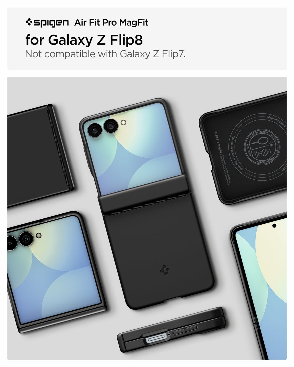 ACS11511 - Galaxy Z Flip 8 Series - Air Fit Pro (Mag Fit) showing the Air Fit Pro MagFit product title graphic for Galaxy Z Flip 8, alongside multiple angled views of the case in folded, unfolded, and back positions, noting it is not compatible with Galaxy Z Flip7.