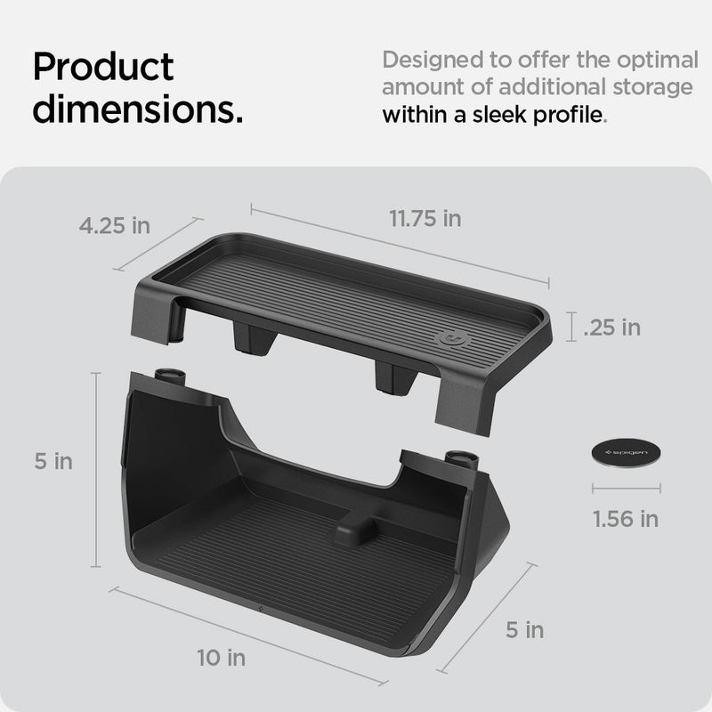 ACP07280 - Tesla Model Y & 3 Under Screen Organizer TO227 in Black showing the Product dimensions. Designed to offer the optimal amount of additional storage within a sleek profile. Size of the top layer: 4.25 in x 11.75 in x .25 in, inner layer: 5 in x 10 in x 5 in with sticker size of 1.56 in