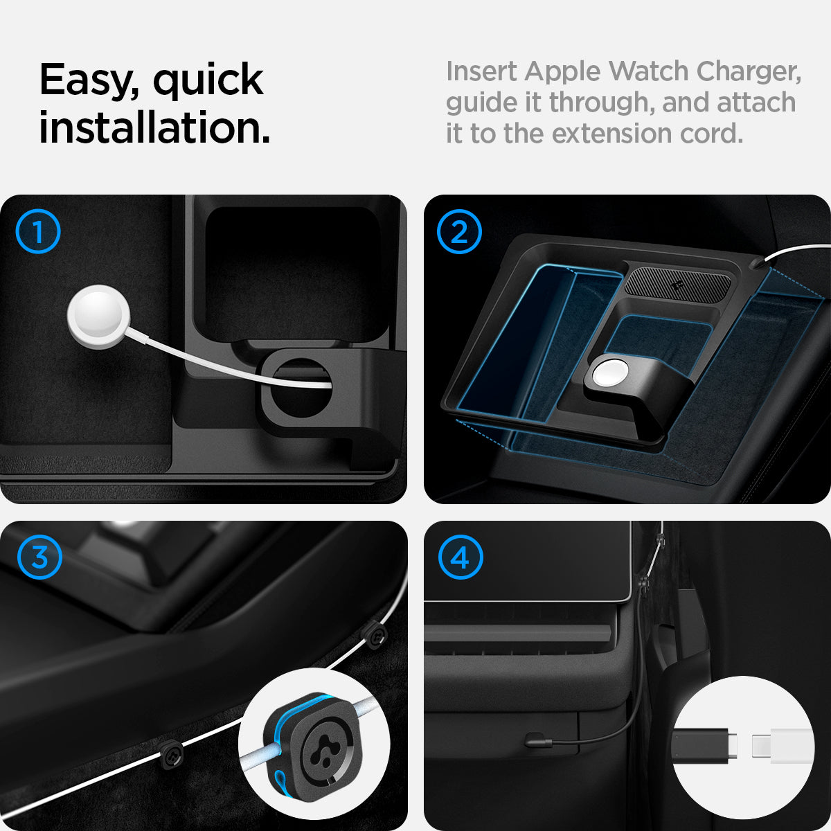 ACP07501 - Tesla Model 3 Highland - 3 in 1 Charging Organizer TO272H in Black showing the easy, quick installation, insert apple watch charger, guide it through, and attach it to the extension cord