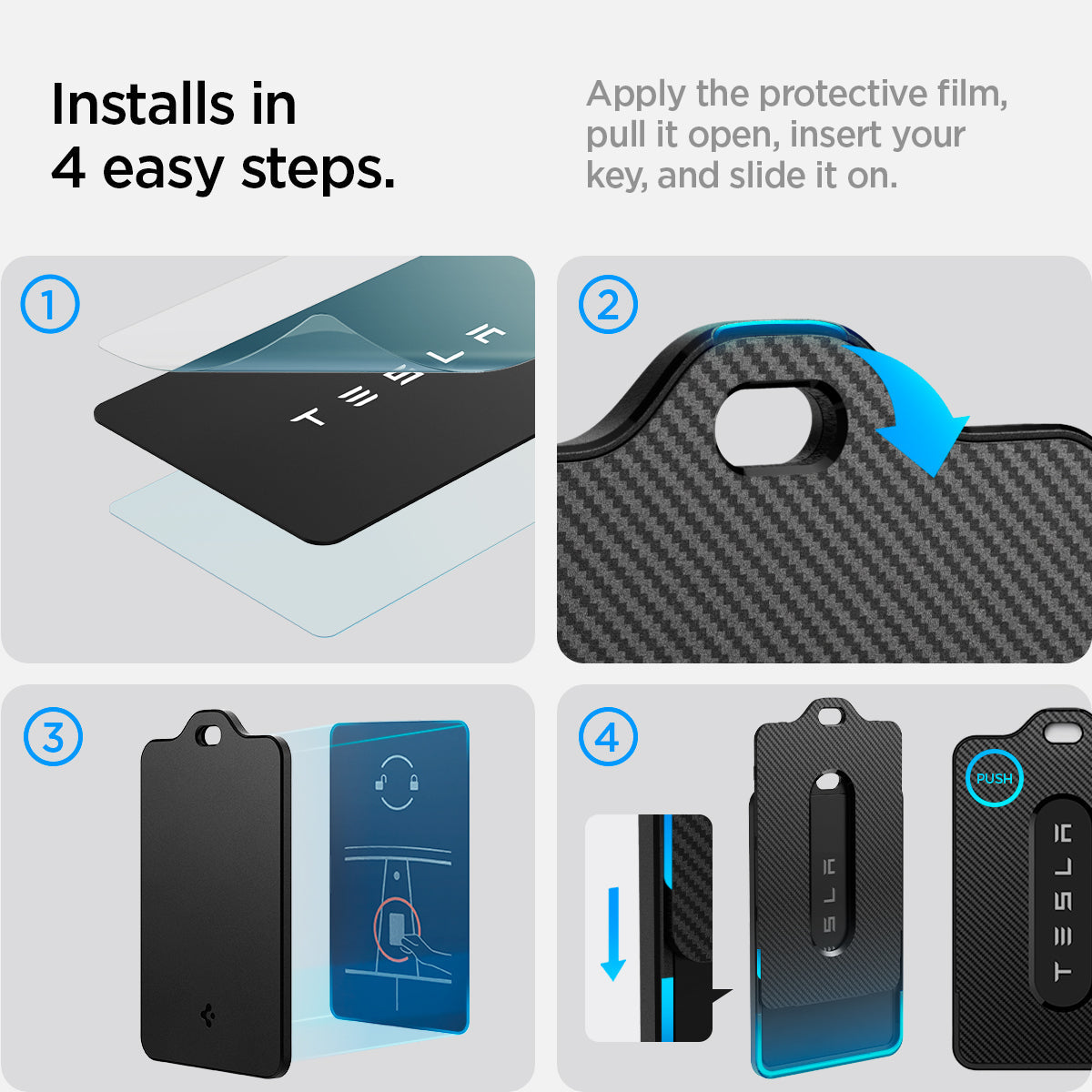 ACP07175 - Tesla Key Card Holder showing the installs in 4 easy steps, apply the protective film, pull it open, insert your key and slide it on