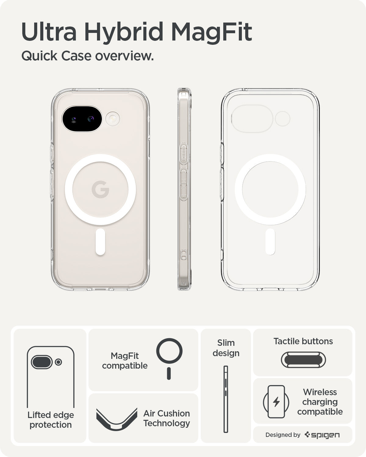 ACS11276 - Pixel 10a Ultra Hybrid Metal Ring (Mag Fit) in Clear White showing ultra hybrid magfit. quick case overview