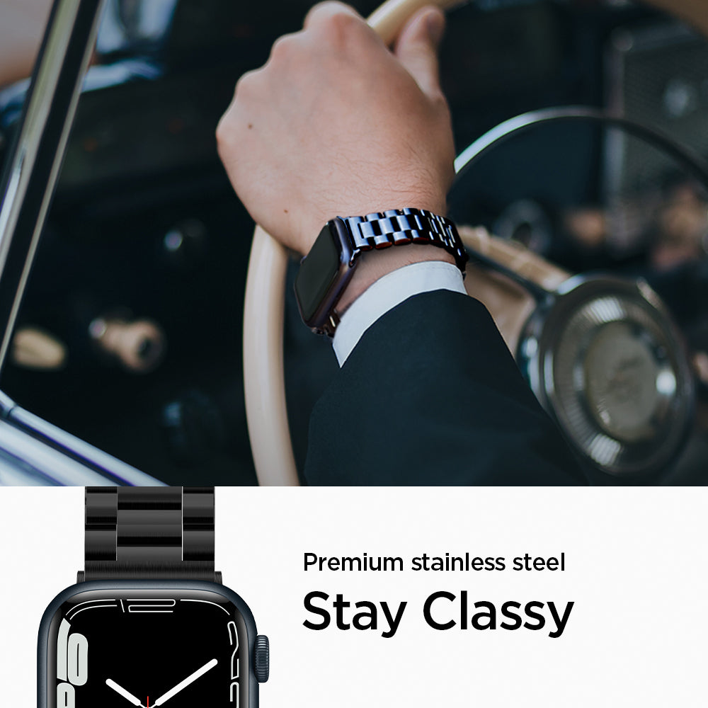 062MP25403 - Apple Watch Ultra 3/2/Ultra 49mm, Series 11/10 46mm, 9/8/7 45mm, SE3/SE2/SE/6/5/4 44mm, 3/2/1 42mm Modern Fit Black showing premium stainless steel. stay classy