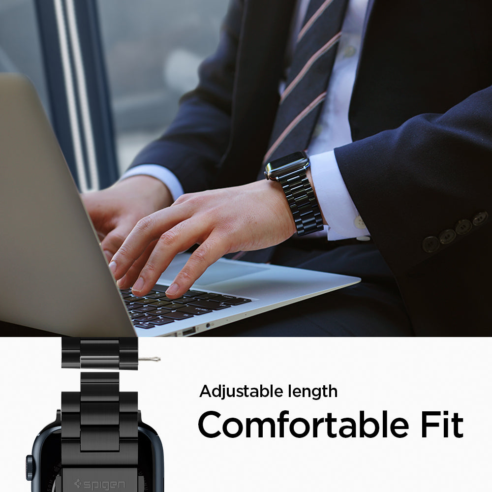 062MP25403 - Apple Watch Ultra 3/2/Ultra 49mm, Series 11/10 46mm, 9/8/7 45mm, SE3/SE2/SE/6/5/4 44mm, 3/2/1 42mm Modern Fit Black showing adjustable length. comfortable fit.