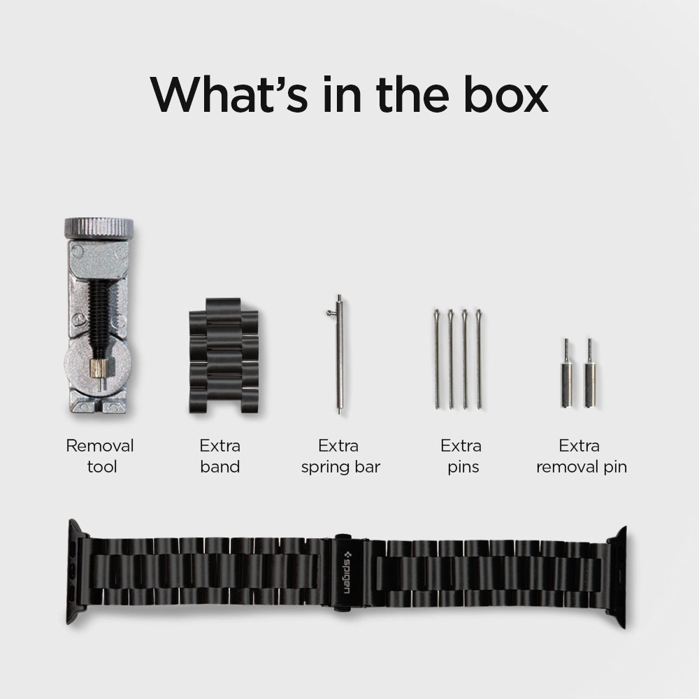 062MP25403 - Apple Watch Ultra 3/2/Ultra 49mm, Series 11/10 46mm, 9/8/7 45mm, SE3/SE2/SE/6/5/4 44mm, 3/2/1 42mm Modern Fit Black showing what's in the box. Removal tool. extra band, extra spring bar, extra pins, extra removal pin