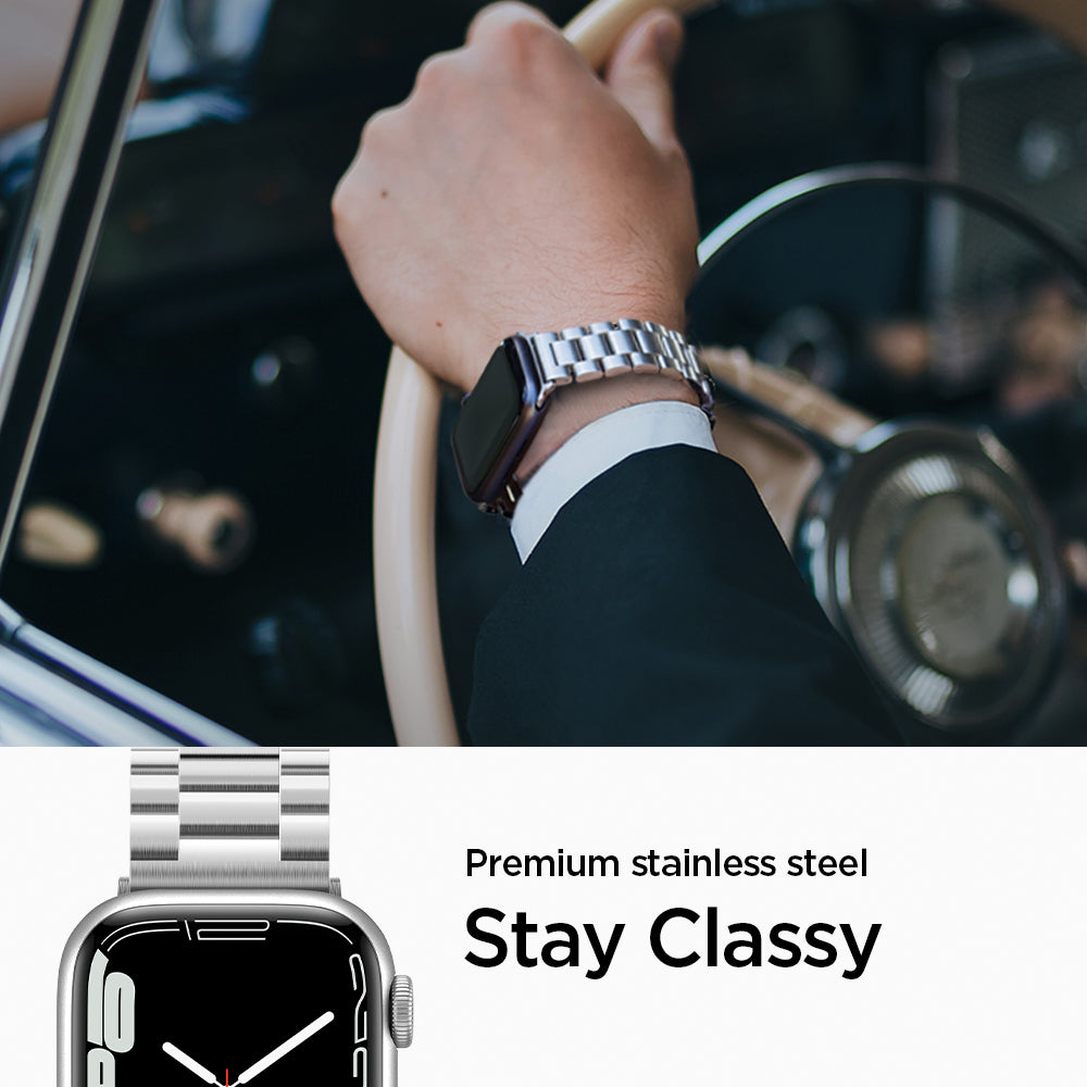 062MP25404 - Apple Watch Series (Apple Watch (49mm)/Apple Watch (45mm)/Apple Watch (42mm)) Watch Band Modern Fit in silver premium stainless steel. Stay classy.