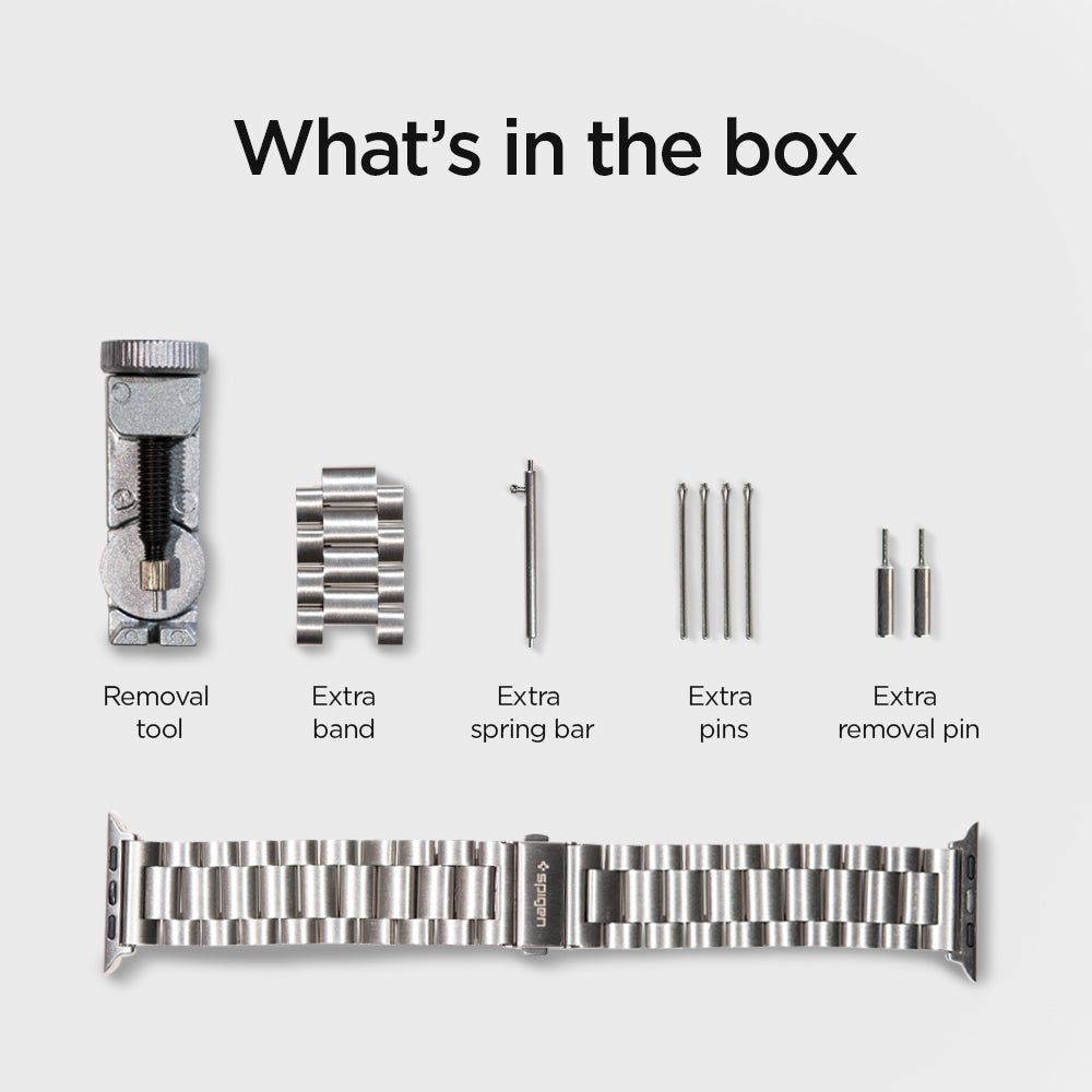 062MP25404 - Apple Watch Series (Apple Watch (49mm)/Apple Watch (45mm)/Apple Watch (42mm)) Watch Band Modern Fit in silver what's in the box. It has removal tool, extra band, extra spring bar, extra pins, extra removal pin