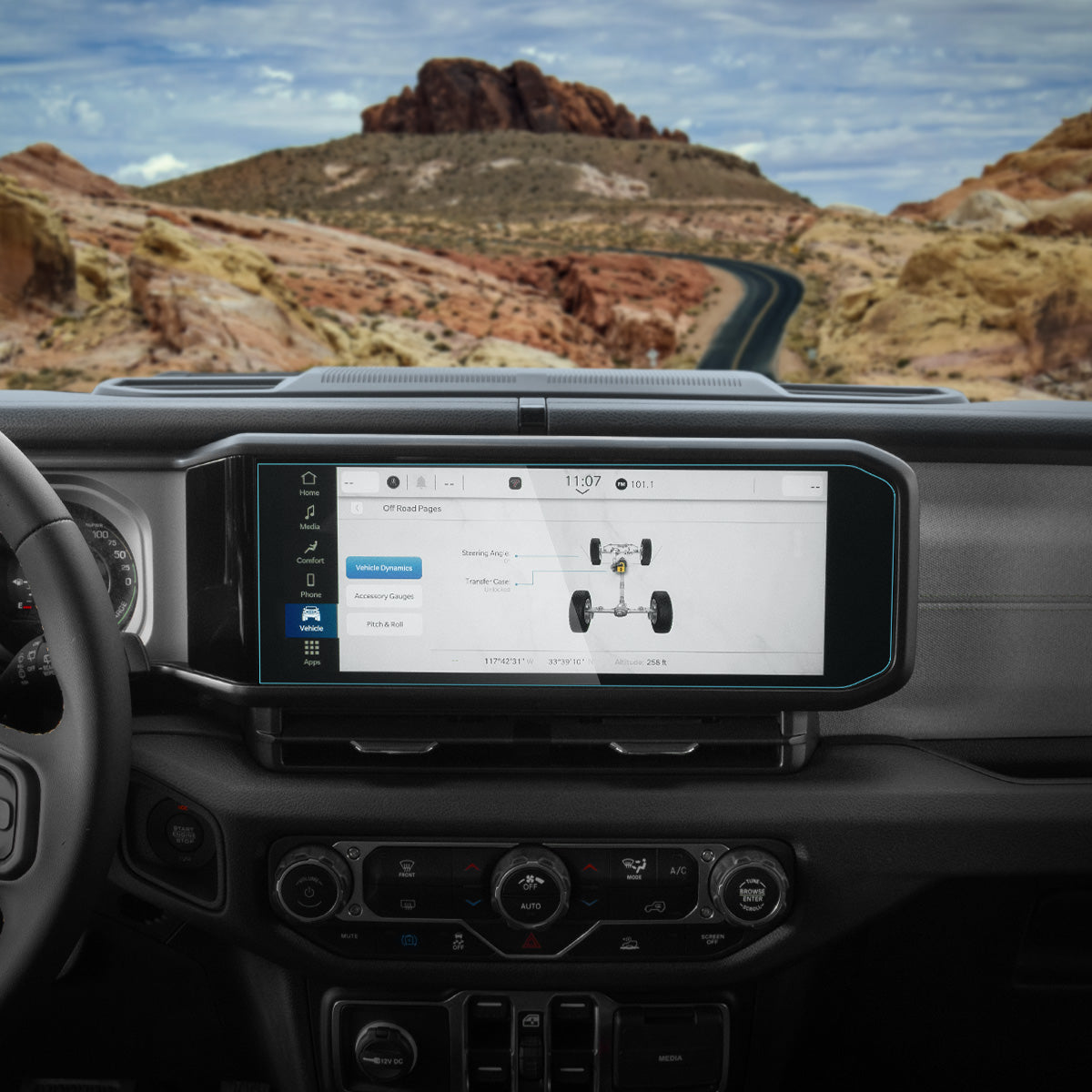 AGL07279 - Jeep Wrangler Screen Protector GLAS.tR SLIM showing the front view inside of car