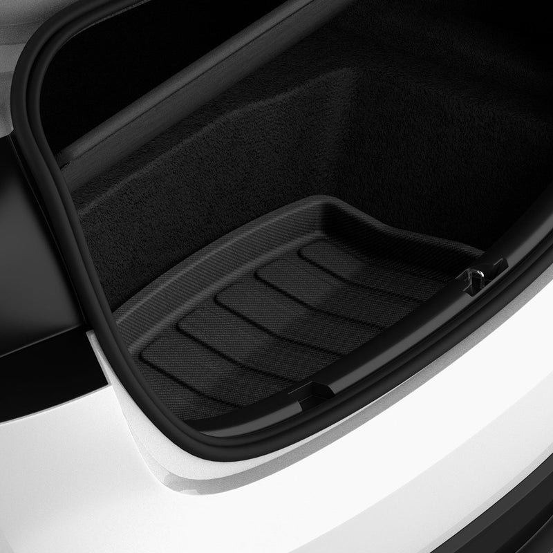 ACP07612 - Tesla Model 3 Highland Trunk Mat Liner TLT-3H in Black showing the front of a mini compartment with a mat liner installed