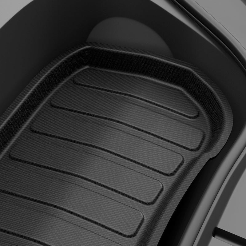 ACP07612 - Tesla Model 3 Highland Trunk Mat Liner TLT-3H in Black showing the partial front of a mat liner installed inside a compartment zoomed in