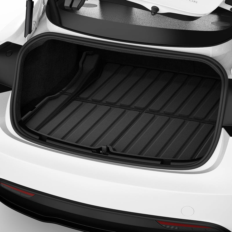 ACP07612 - Tesla Model 3 Highland Trunk Mat Liner TLT-3H in Black showing the top of big size mat liner installed on a wide vehicle's compartment