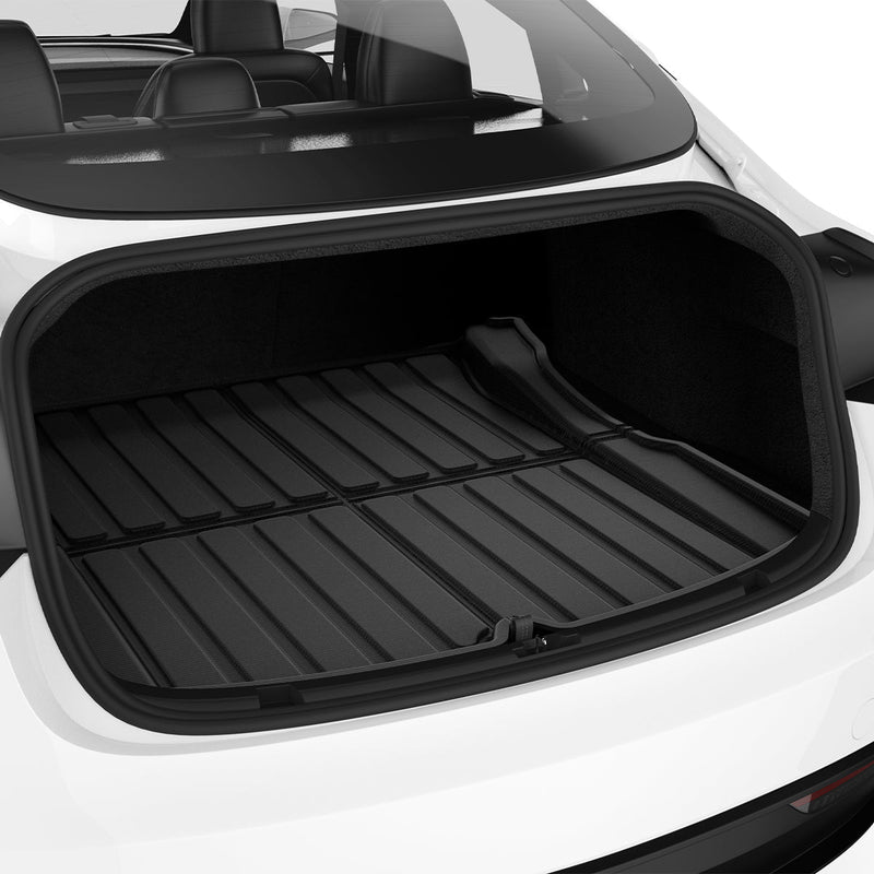 ACP07612 - Tesla Model 3 Highland Trunk Mat Liner TLT-3H in Black showing the top of a big size mat liner installed inside a vehicle's compartment