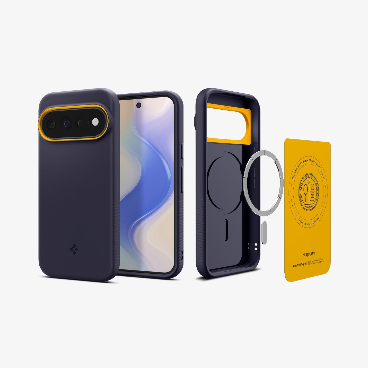 ACS11454 - Pixel 11 Pro XL Nano Pop (Mag Fit) Blueberry Navy front, back, and exploded views showing the magnetic construction and internal components of the case.