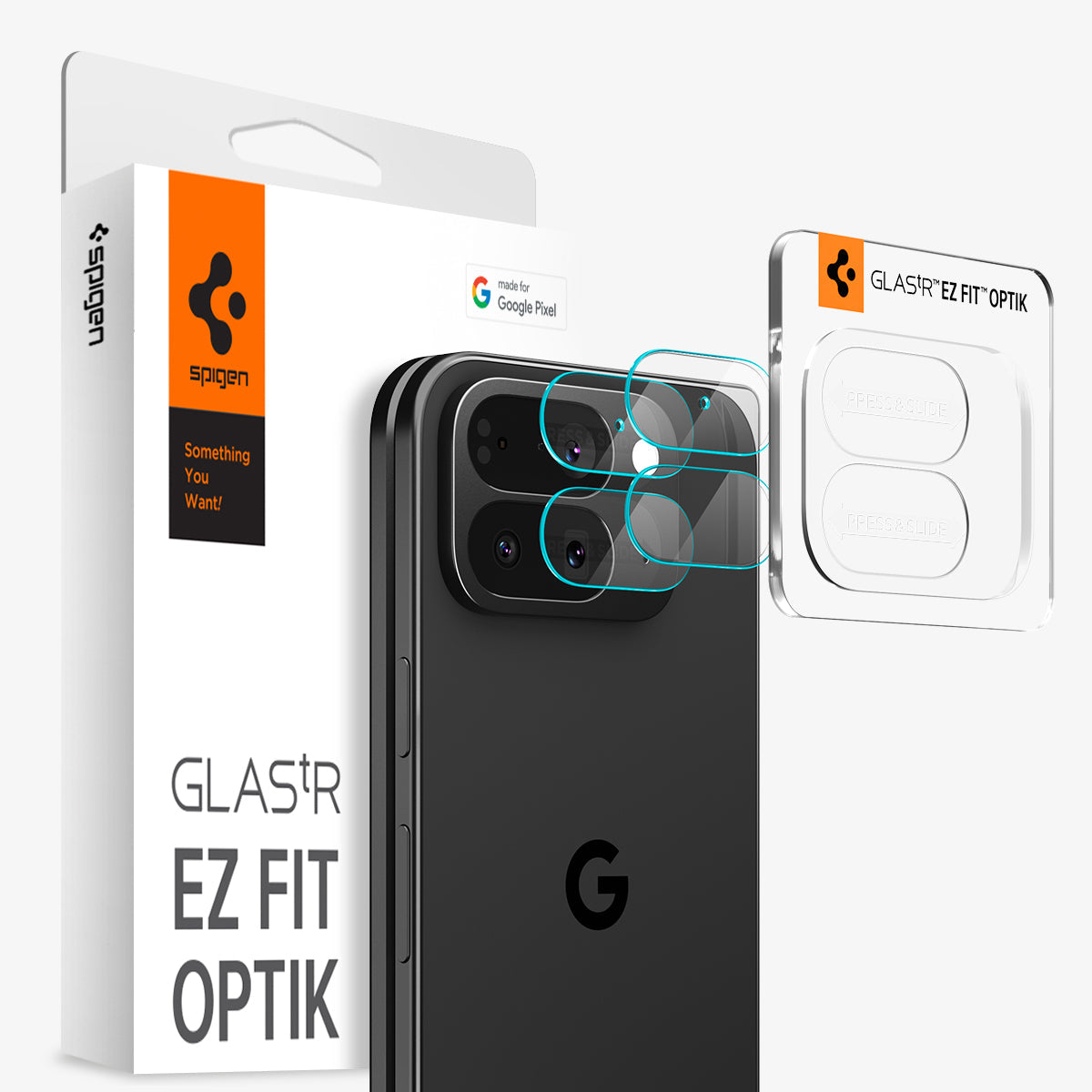 AGL09664 - GajPFD Optik EZ Fit Lens Protector showing the installation tray hovering in front of the lens protector and the device, behind it, is the packaging