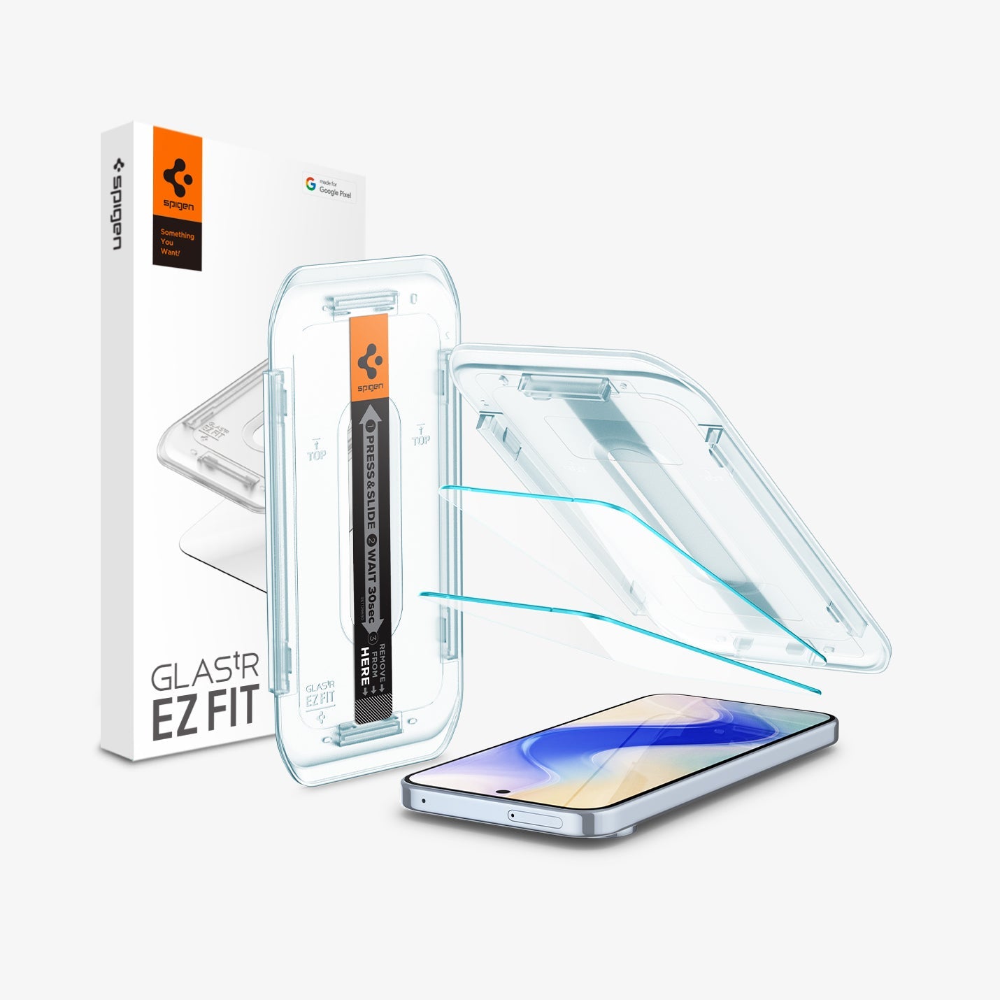 AGL08445 - GajPXL GLAS.tR EZ Fit Screen Protector showing the device, screen protector, ez fit tray and packaging