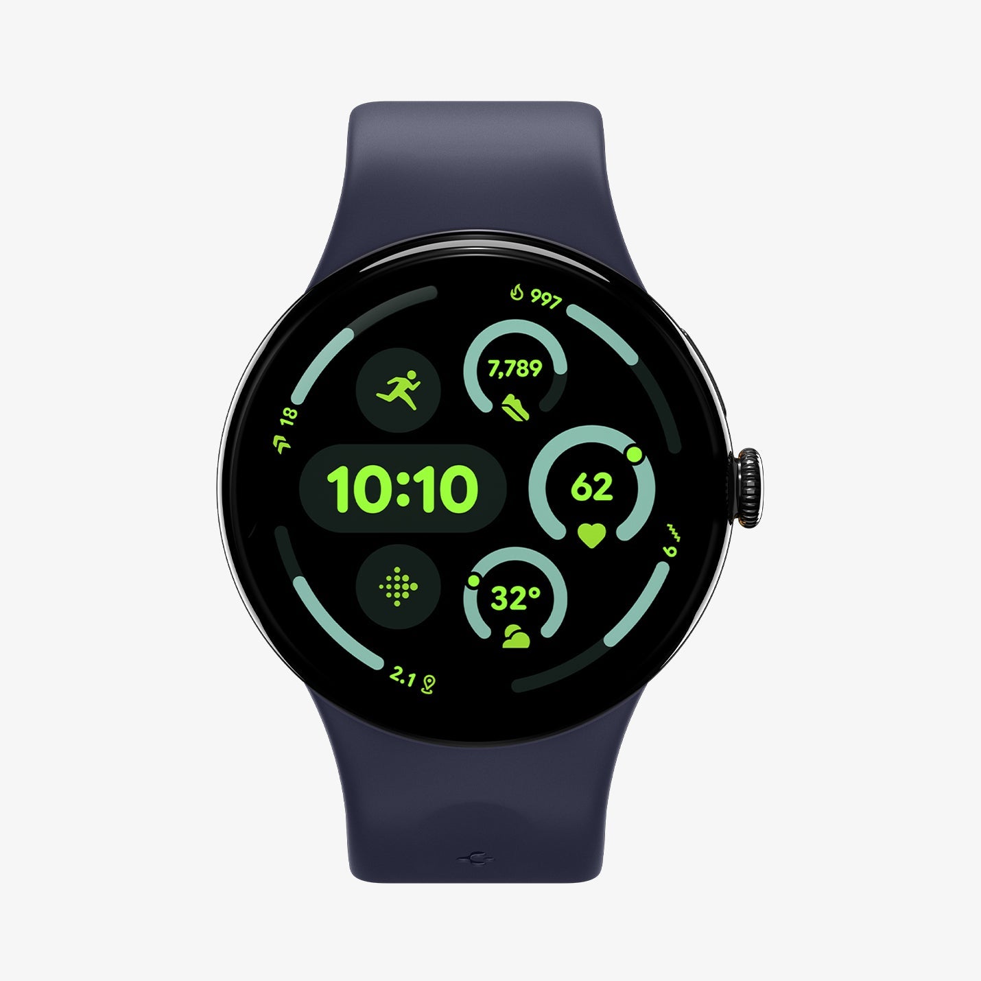 AMP09490 - Pixel Watch 5 (45mm) Nano Pop Blueberry Navy front view showcasing the smooth silicone watch band with a clean and streamlined design.