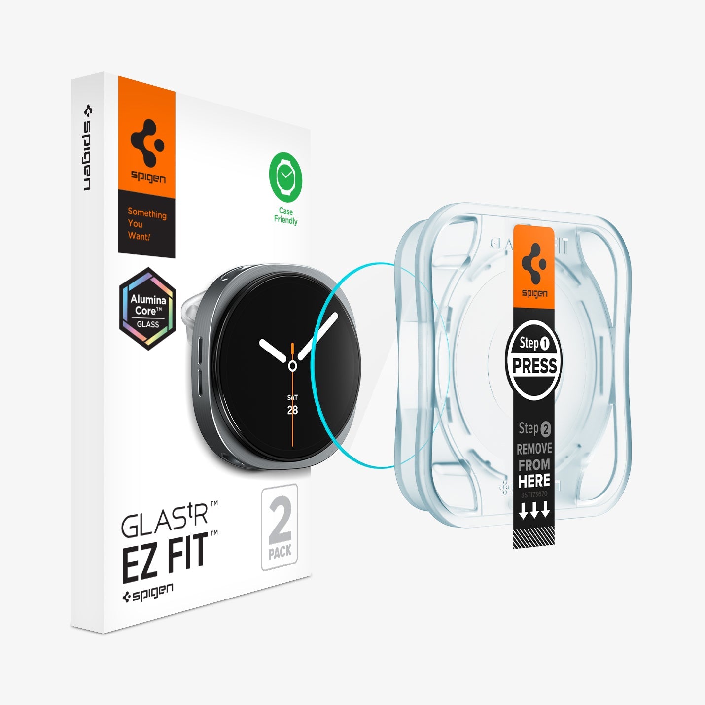 AGL09874 - Galaxy Watch 9 (40mm) GLAS.tR EZ Fit showing Galaxy Watch 9 (40mm) GLAS.tR EZ Fit retail box, watch, and applicator tray with press and remove steps