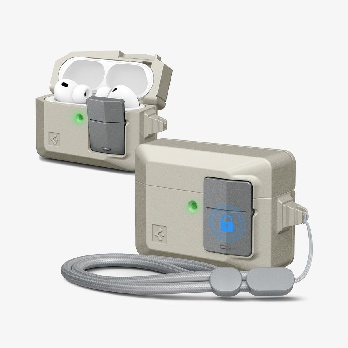 ACS10978 - AirPods Pro 3 Classic LS showing a rugged beige protective case with a front lock mechanism, green LED indicator, open lid revealing AirPods, and a detachable lanyard for secure carrying.
