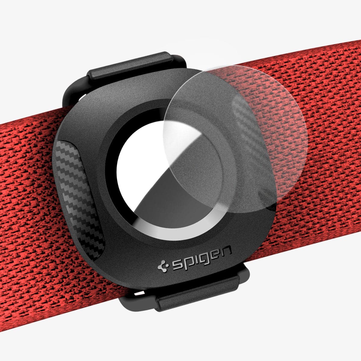 AHP03106 - Apple AirTag Pet Collar ComforTag in black showing the front with protective film hovering in front