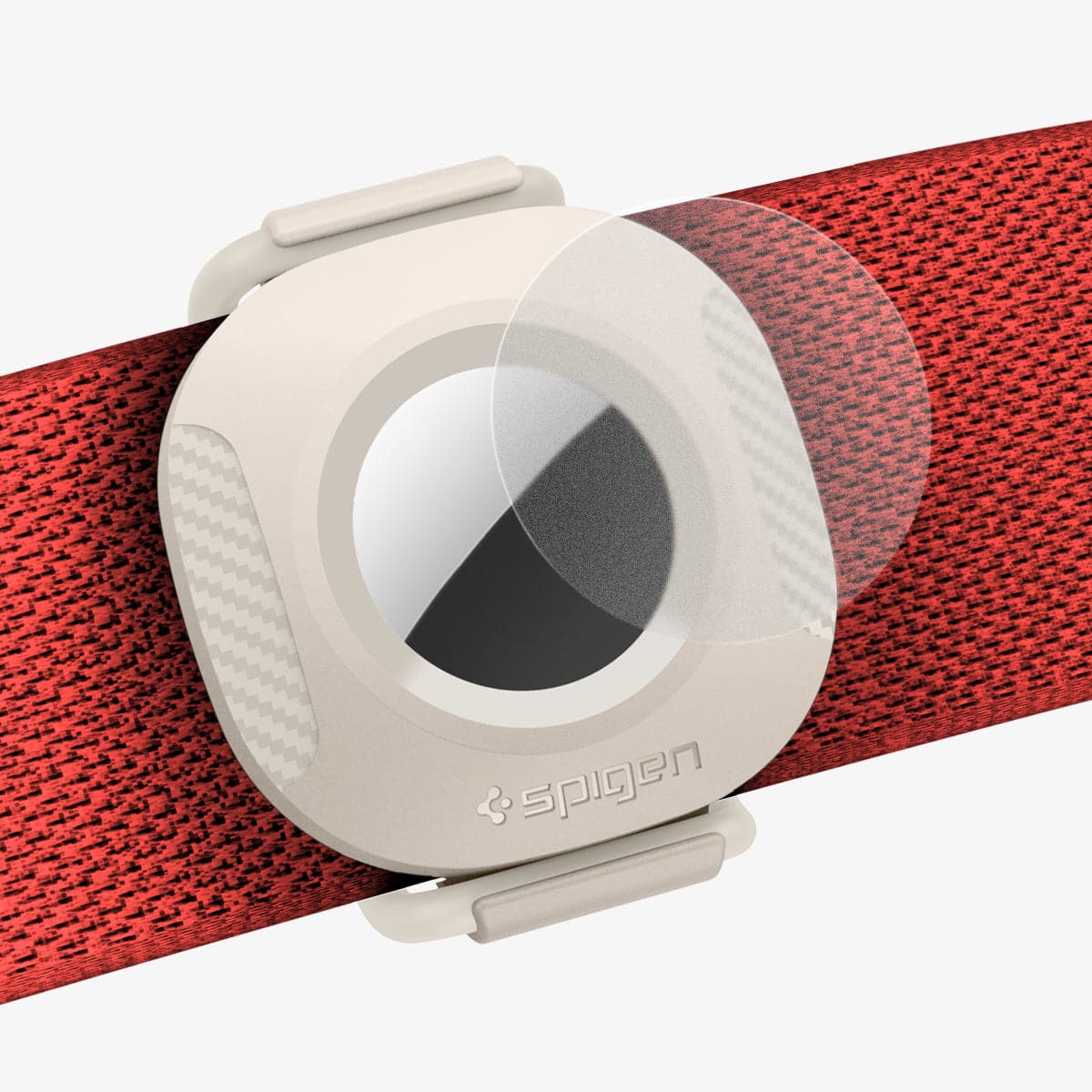 AHP03632 - Apple AirTag Pet Collar ComforTag in cream showing the front with protective film hovering in front