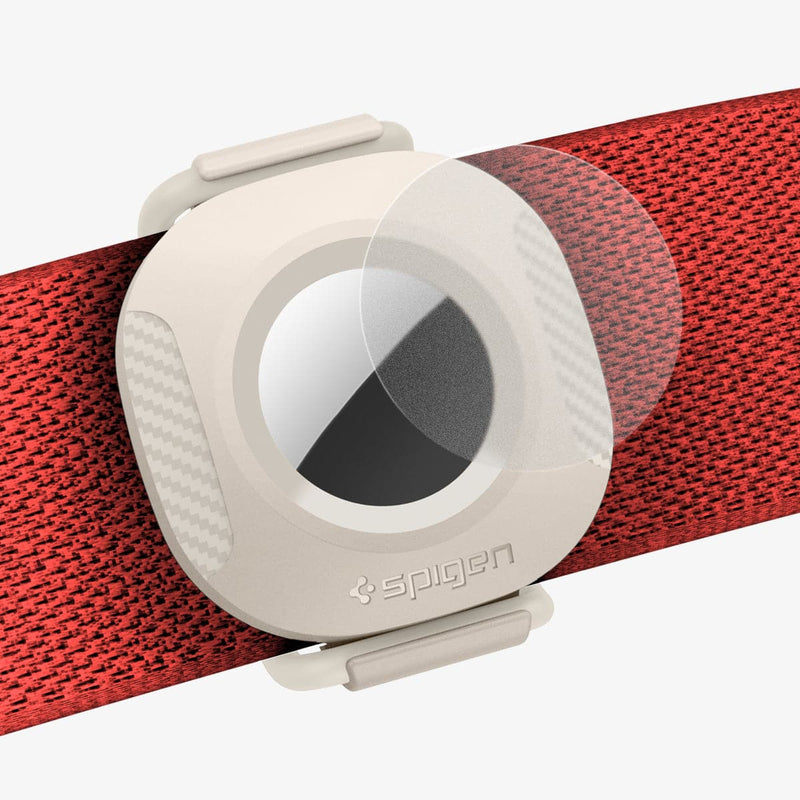AHP03632 - Apple AirTag Pet Collar ComforTag in cream showing the front with protective film hovering in front
