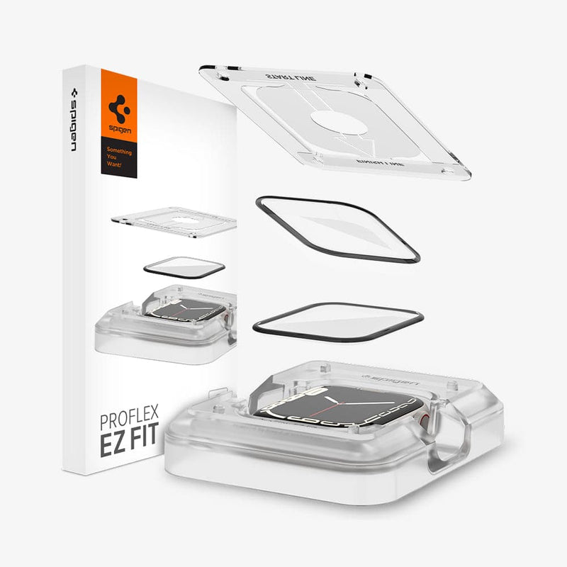 AFL04051- Apple Watch Series (45mm) Screen Protector ProFlex EZ Fit showing the packaging, two watch screen protectors and alignment tray