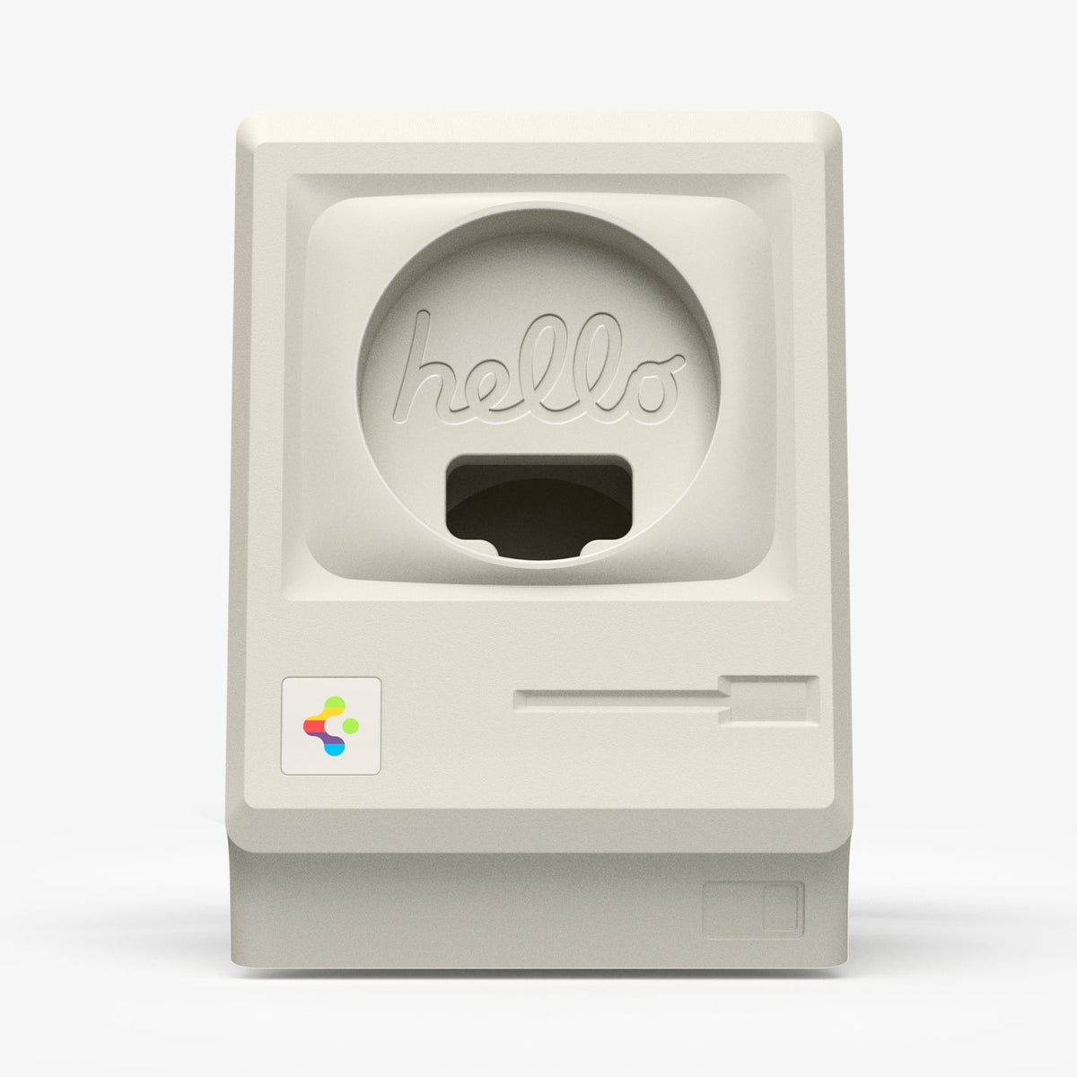 AMP11668 - Apple Watch Classic LS Charger Stand classic Macintosh inspired charger stand with retro computer details and circular charging cable opening.