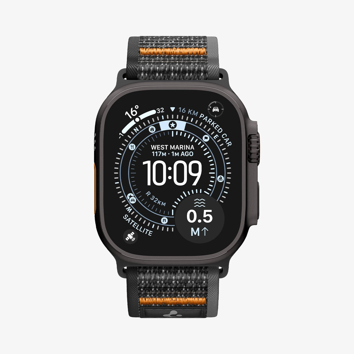 AMP10607 - Apple Watch Ultra Athlex Air 2 band black orange featuring rugged woven strap and Apple Watch Ultra with navigation focused watch face