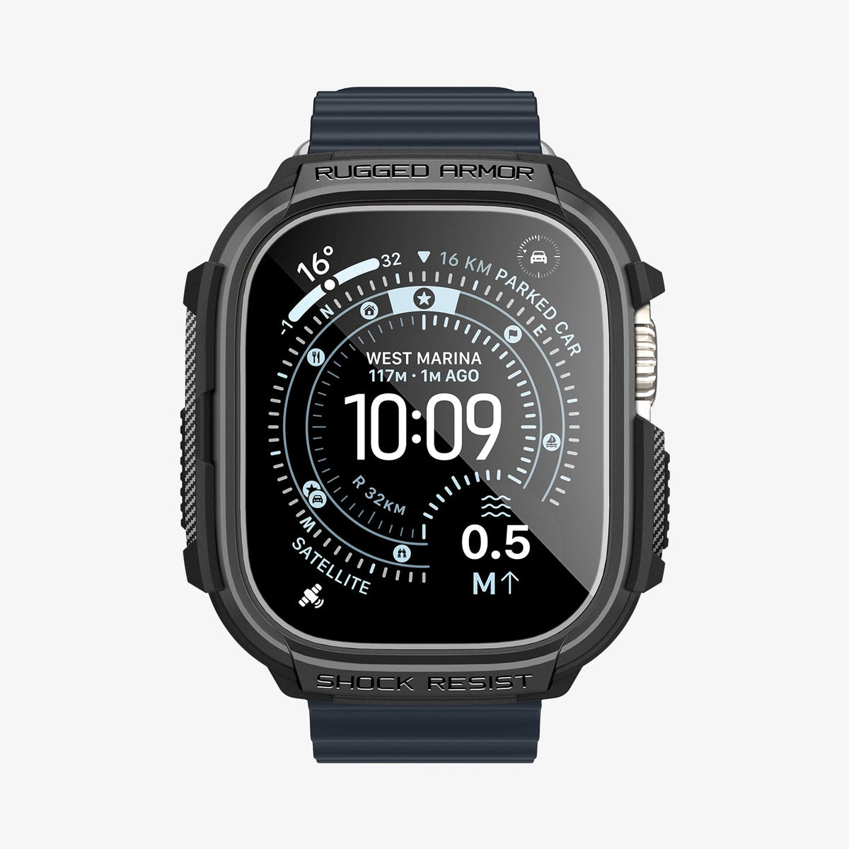 ACS11414 - Straight-on front view of Spigen Rugged Armor Apple Watch Ultra case displaying Rugged Armor and Shock Resist engravings with carbon fiber accents