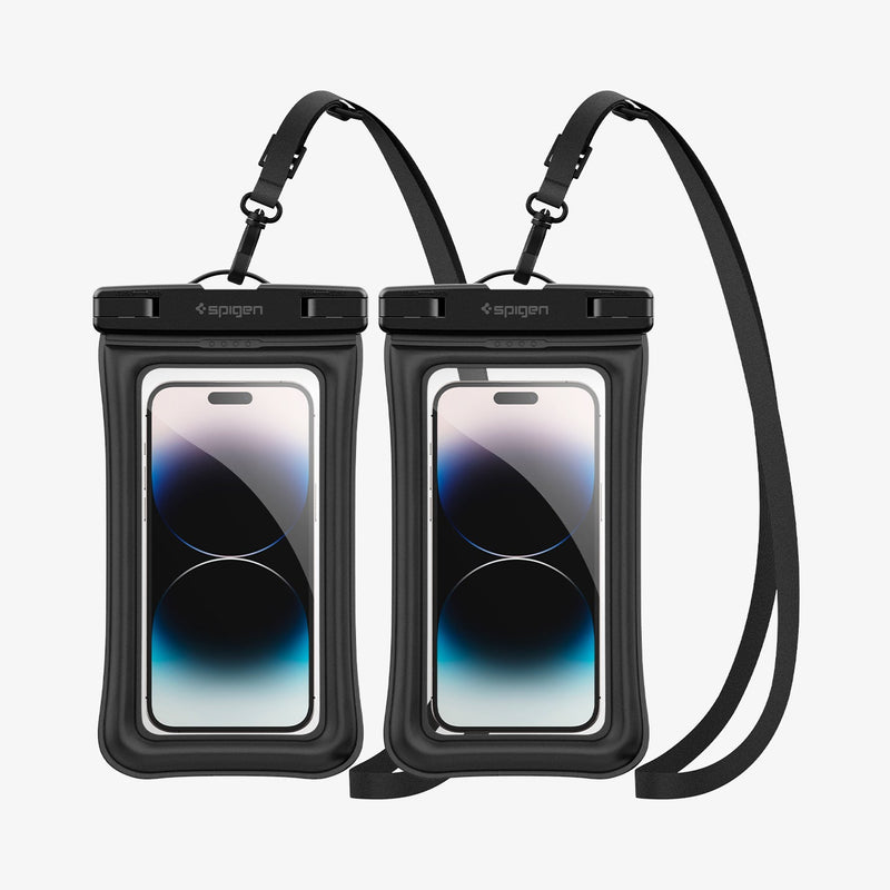 AMP04527 - AquaShield Waterproof Floating Case (2 Pack) A610 in Black showing the front of two devices inside a waterproof case with strap attached