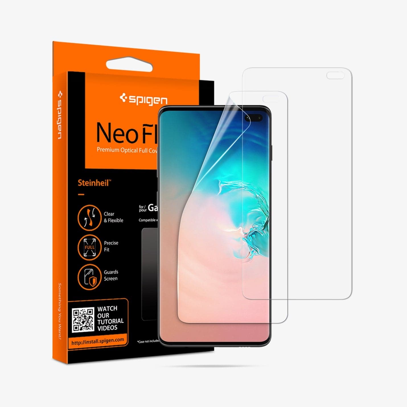 606FL25994 - Galaxy S10 Plus Neo Flex Screen Protector showing the device, two screen protectors and packaging