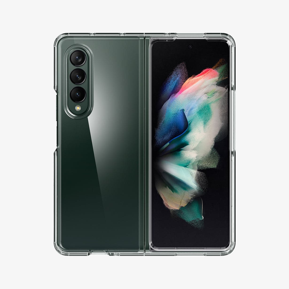 ACS02959 - Galaxy Z Fold 3 Case Ultra Hybrid in crystal clear showing the back and front with device opened up fully