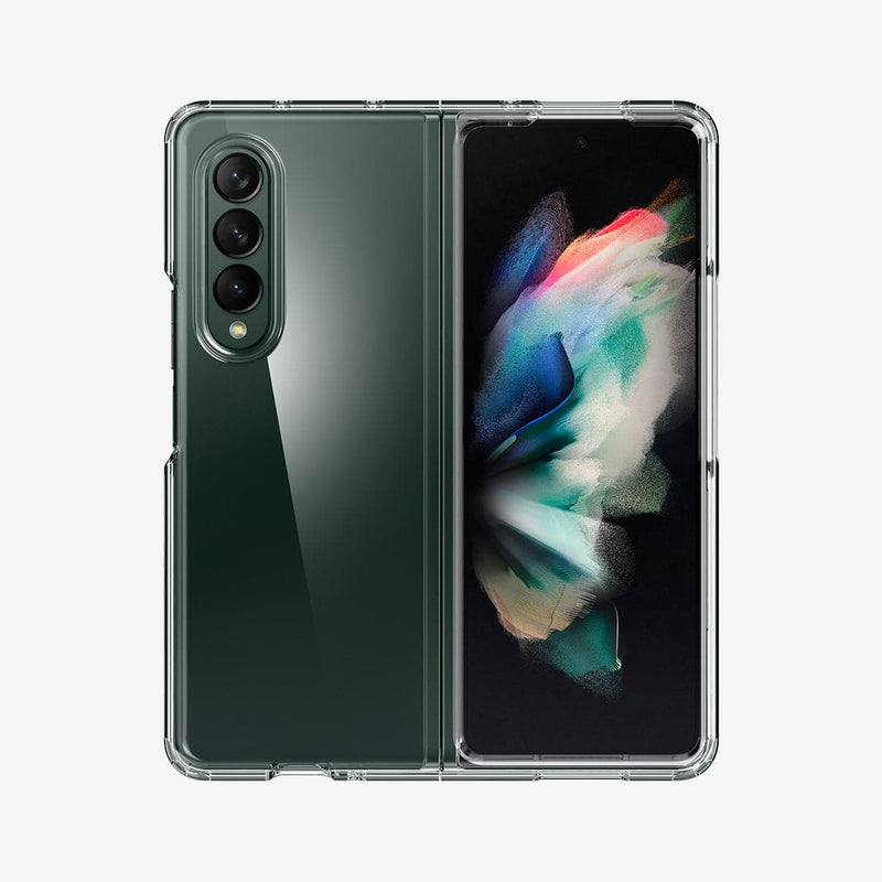 ACS02959 - Galaxy Z Fold 3 Case Ultra Hybrid in crystal clear showing the back and front with device opened up fully