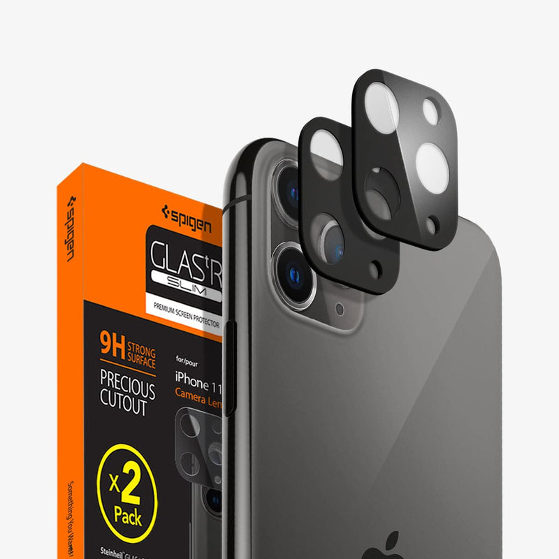 AGL00500 - iPhone 11 Pro / Pro Max Full Cover Lens Protector in black showing the device, two lens protector and packaging