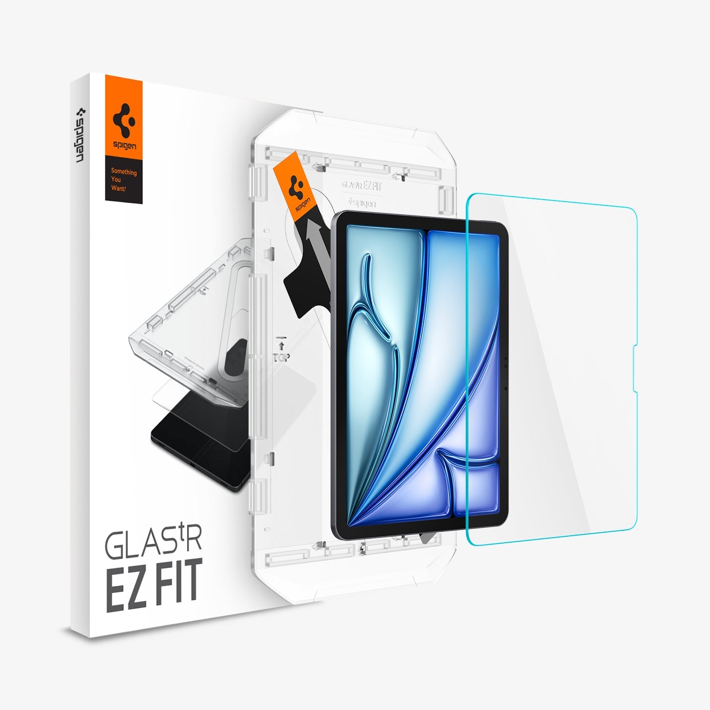 AGL07798 - iPad Air 10.9-inch GLAS.tR EZ FIT in Clear showing the screen protector hovering in front of the device, ez fit tray and packaging